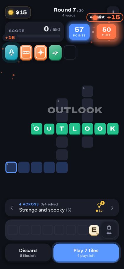 A round: tiles placed on the crossword, a charm adding mult